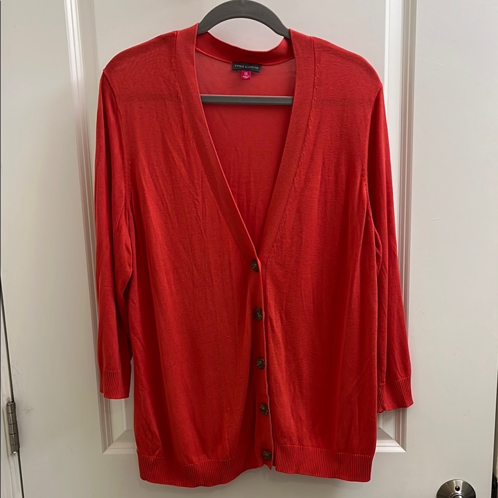 Vince Camuto Red/Orange/Pink Cardigan Sweater V-Neck Lightweight